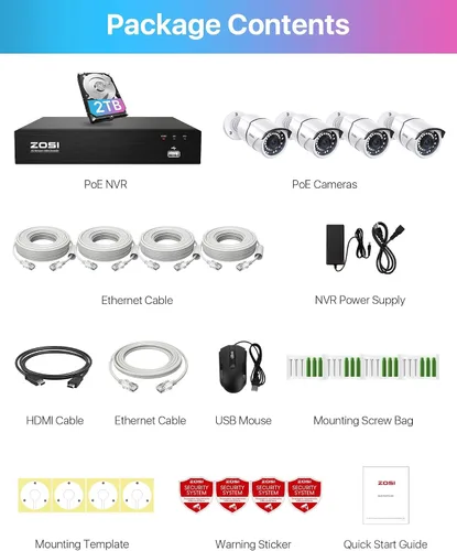 Vista 9 de ZOSI Sistema de cámara de seguridad PoE de 8 canales de 5 MP, NVR H.265+ de 8 canales de 5 MP con disco duro de 1 TB, 4 cámaras IP PoE
