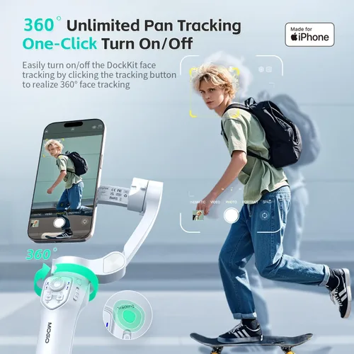 Vista 6 de COMITOK MOGO Only for iPhone, Gimbal Stabilizer for iPhone, [MFi Certified] Phone Gimbal with 360 Degree Face Tracking for Video Recording, NFC Pair