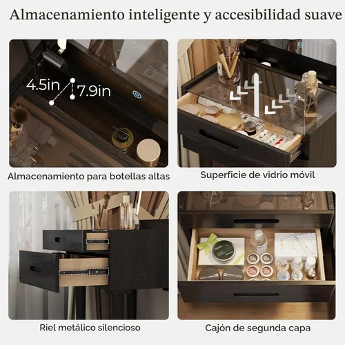 Vista 6 de Muwuele Escritorio pequeño de madera maciza con espejo y luces, tocador de maquillaje estrecho para espacios pequeños, mesa auxiliar de tocador