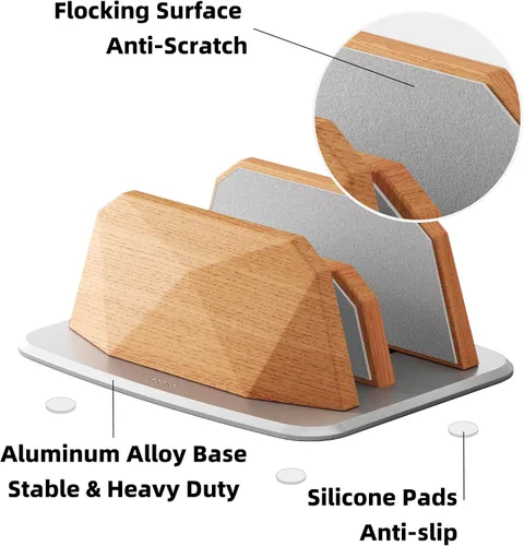 Vista 4 de AFOOYO Soporte vertical para laptop, soporte ajustable de madera con doble ranuras, base de escritorio compatible con todos los MacBook, Surface