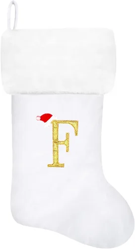 Vista 118 de Calcetines de Navidad bordados de 20 pulgadas con monograma, terciopelo negro con puño de felpa blanca supersuave, adornos clásicos para decoración