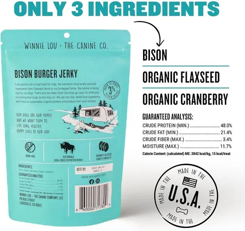 Vista 3 de Winnie Lou Bison Burger Jerky - Golosinas para perros, ingredientes limitados, grado humano, golosinas de entrenamiento para perros pequeños