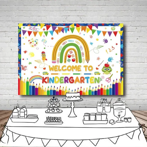 Vista 4 de MEHOFOND Cartel de fondo de bienvenida a jardín de infantes de 7 x 5 pies, diseño de arco iris, para regreso a clases, decoración de fiesta