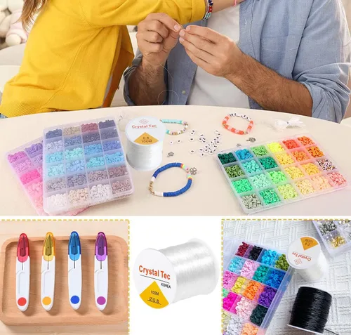 Vista 6 de Cuerda elástica de 0.8mm para pulseras, QBJAYTY cuerda elástica transparente para pulseras, cuerda de cuentas de arcilla, cuerda elástica de 100m