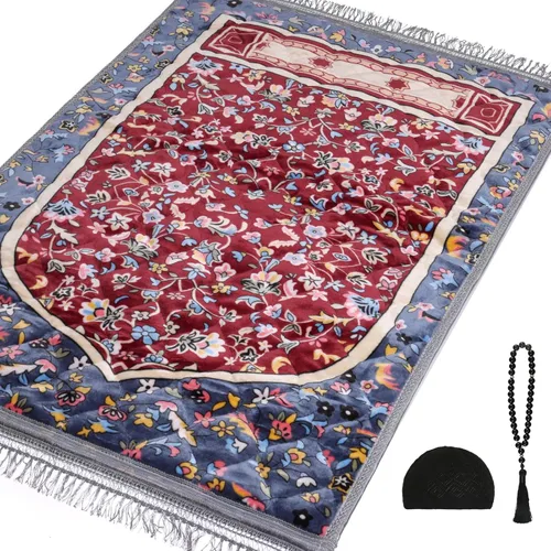 Vista 7 de Alfombra de oración musulmana con cuentas de oración Tasbih y sombrero de kufi, acolchada muy gruesa, alfombra de oración para hombres y mujeres