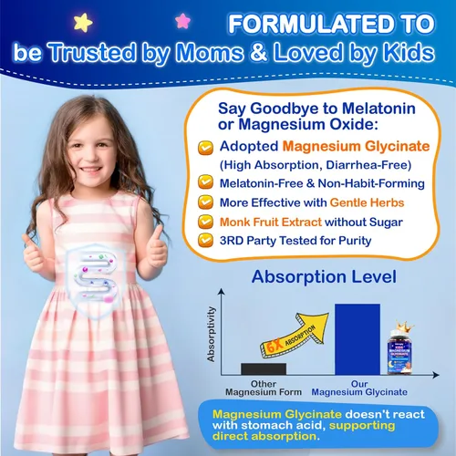 Vista 6 de Gomas de glicinato de magnesio para niños - Suplemento de glicinato de magnesio 200mg con L-teanina Omega-3, calcio, vitamina D3 y B12 para niños