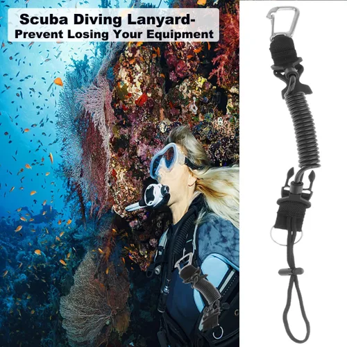 Vista 6 de Cordón de buceo, clip de acero inoxidable con resorte en espiral con correa de cincha, hebilla de liberación rápida, ideal para buceo, linternas