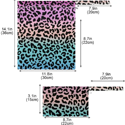 Vista 7 de visesunny Bolsa húmeda de grano de leopardo de colores 2 piezas con bolsillos con cremallera, lavable, reutilizable, espaciosa, bolsa de pañales