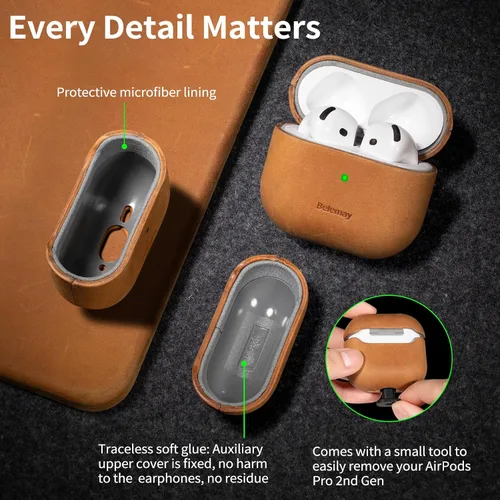Vista 7 de Belemay Funda para AirPods 4, compatible con MagSafe, cuero de caballo loco prémium [estética vintage], pátina rica, agarre cómodo, compatible
