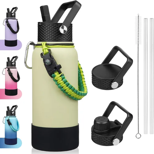 Vista 40 de BJPKPK - Botella de agua con tapa de popote, botellas de agua aisladas de 18 onzas con 3 tapas, asa de cuerda de paracaídas y base antideslizante