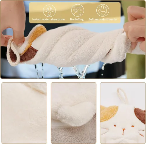 Vista 4 de PRATIQUE Paquete de 3 toallas de mano con diseño de gato, toallas de baño con lazo para colgar, toalla de mano para niños, animales, toalla de mano