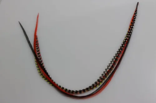 Vista 4 de Extensión de pelo de plumas: rojo, verde, negro y Grizzly Remix, cinco plumas de gallo genuinas unidas en la punta, que van de 6 a 10 pulgadas