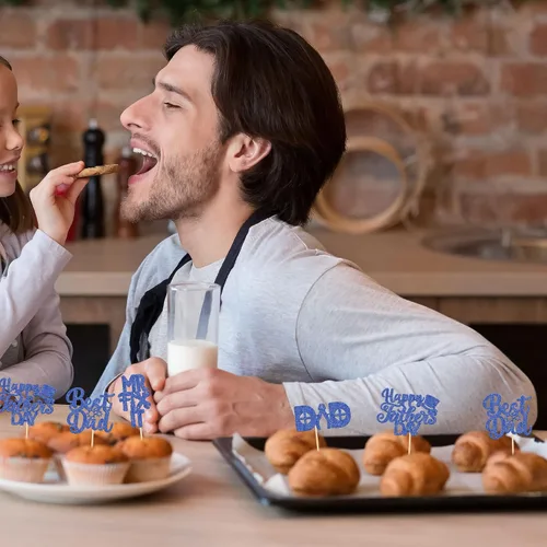 Vista 5 de 24 adornos para cupcakes con temática de sombrero para el Día del Padre, con purpurina azul, mejores selecciones de cupcakes para papá, decoraciones