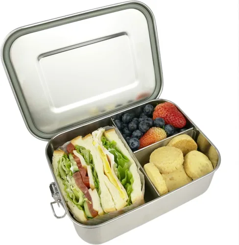 Vista 15 de UPTRUST Fiambrera Bento de acero inoxidable, 3 compartimentos, caja Bento de metal grande de 47.3 fl oz para niños o adultos, contenedor con clips