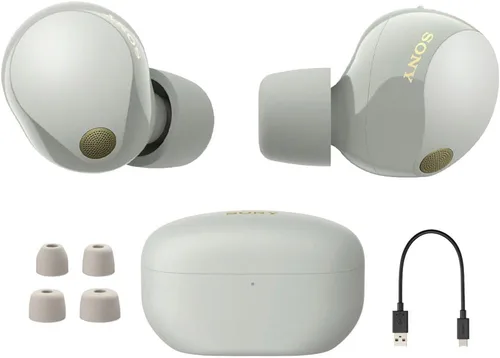 Vista 2 de Sony WF-1000XM5 - Paquete de auriculares verdaderamente inalámbricos con cancelación de ruido (plateado) con funda de silicona (azul), puntas