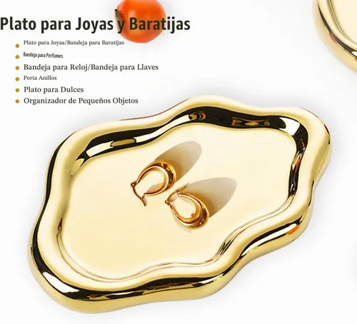 Vista 2 de Ceramic Jewelry Dish, Jewelry Tray Trinket Dish, Gold Cloud Trinket Tray Dorado