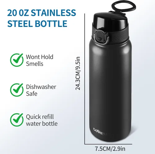 Vista 7 de GOPPUS Botella de agua de acero inoxidable aislada de 20 oz sin BPA, excelente para viajes, con tapa para beber - A prueba de fugas y sudor con tapa