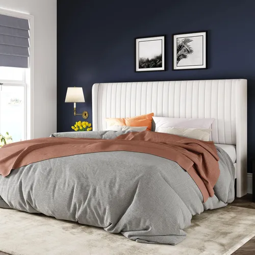 Vista 15 de Allewie - Base de cama tamaño Full con cabecera tapizada en terciopelo y diseño acanalado vertical; plataforma de cama tapizada; listones de madera
