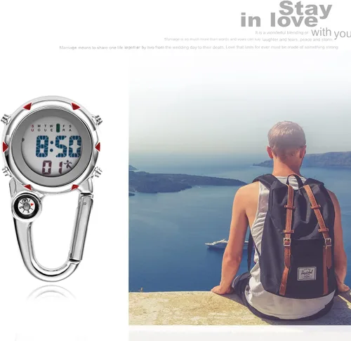 Vista 2 de Clip de brújula digital relojes de hombre blanco y negro, mosquetón impermeable con reloj despertador