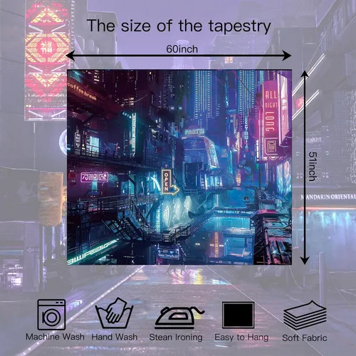 Vista 6 de Tapiz de Pared de Ciudad Anime Punk para Dormitorio, Tapices Japoneses Futuristas de Calle Nocturna de Neón Ciberpunk Estéticos, Fondo
