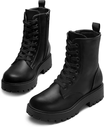 Vista 3 de mysoft Women's Combat Boots Platform Chunky Low Heel Lace Up Ankle Booties With Side Zipper Shoes