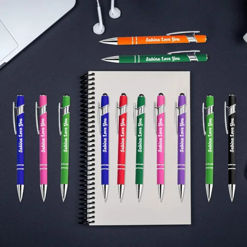 Vista 5 de Aolun Bolígrafo personalizado, bolígrafo grabado personalizado con lápiz capacitivo, 12 unidades, metal suave al tacto, introduce el nombre, Naranja
