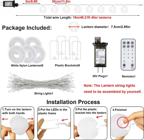 Vista 5 de StarryEver Linterna de Cadena de Luces para Exteriores con Enchufe, 12.2M Conectables, Luces de Linterna Blanca Cálida y Blanca con Control Remoto