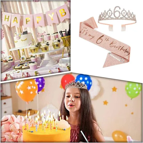 Vista 7 de Juego de banda y tiara de 6º cumpleaños, corona de banda de cumpleaños de oro rosa, suministros para fiesta de cumpleaños