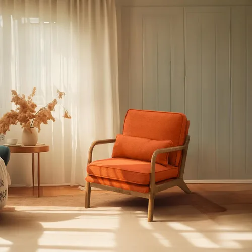Vista 14 de Bonnlo - Silla de acento moderna de mediados de siglo con tela de lino beige, sillones de descanso con acolchado de madera maciza para sala