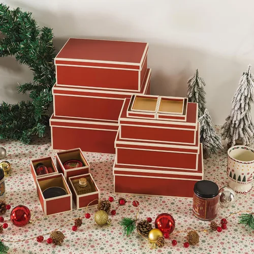Vista 4 de Soul & Lane Cajas de Navidad con tapas, juego de 10, cajas de regalo rojas festivas para regalos, almacenamiento decorativo de cartón