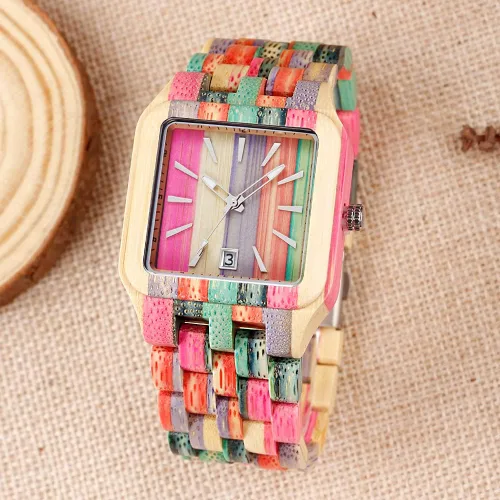 Vista 2 de Tiong Brand Wooden Watches Mens with Handmade Colorful Bamboo Wood Watch Analog Date Quartz Wooden Watch for Men