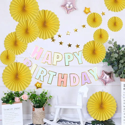 Vista 6 de HQZ Juego de 12 abanicos de papel para colgar en fiestas amarillas, juego de 12 abanicos de papel para colgar abanicos de papel, manualidades