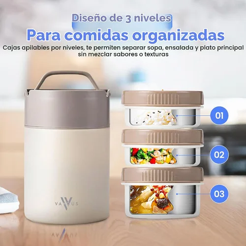 Vista 2 de Tarro de alimentos aislado de 60 onzas con tapa para sostener el teléfono – Lonchera de acero inoxidable con 3 compartimentos – Bento térmico a