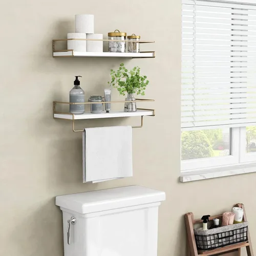 Vista 4 de Forbena - Estantes flotantes de baño montados en la pared, estantes blancos y dorados estéticos para accesorios de baño, organizador de baño moderno