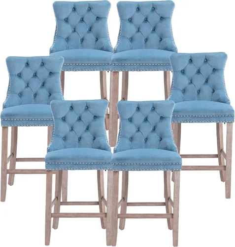 Vista 27 de Taburetes de bar tapizados de terciopelo modernos de 27 pulgadas con patas de madera, botón con cabeza de clavo cromada, taburetes de bar con Beige