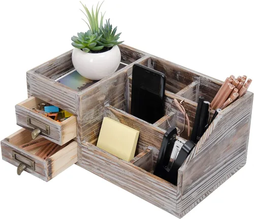 Vista 8 de Liry Products Organizador de escritorio de madera rústica, suministros de oficina, gabinete de almacenamiento de mesa marrón, estante escalonado