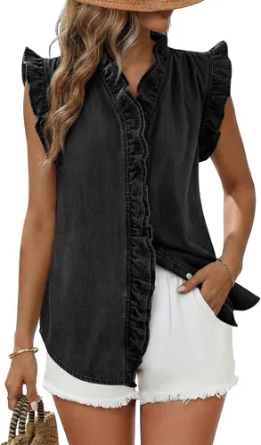 Vista 11 de Dokotoo Chaleco de mezclilla para mujer, casual, de verano, con botones, peplum, cuello en V, sin mangas, camisa de mezclilla