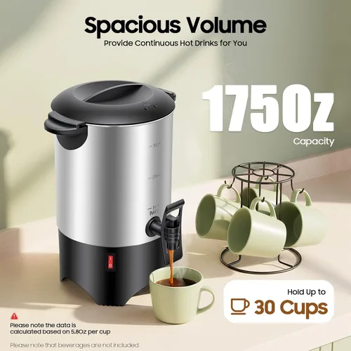 Vista 4 de Cafetera de acero inoxidable de 5.2L, cafetera comercial grande de 30 tazas, preparación rápida, percoladora de café de doble pared de 86.0-212.0