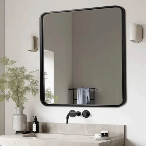 Vista 18 de Espejo de latón para baño, espejo rectangular redondeado de 22x30 pulgadas con marco de metal cepillado dorado, espejo de tocador de baño sin