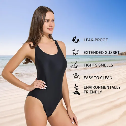 Vista 3 de Leakproof Period Monokini Swimsuit for Women – 12-Hour Protection – 3 Styles: Drawstring, Seamless, Cross-Back Negro-a
