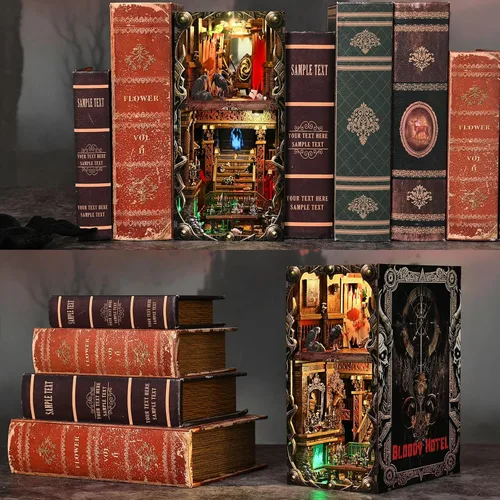 Vista 9 de Kit de Rincón de Libro Espeluznante DIY, Casa de Muñecas en Miniatura Rompecabezas 3D de Halloween, Rompecabezas de Madera 3D de Terror Aterrador