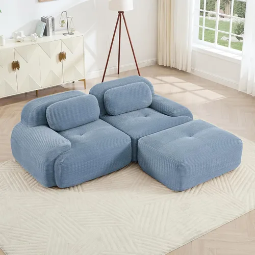 Vista 112 de Sofá moderno comprimido sin armazón de 116", sofás seccionales de 3 plazas para sala de estar, sofá seccional modular de pana verde nube, espuma
