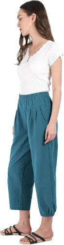 Vista 4 de utcoco Pantalones cortos harén para mujer, cintura elástica, casual, ajuste holgado, algodón y lino, capris con bolsillos