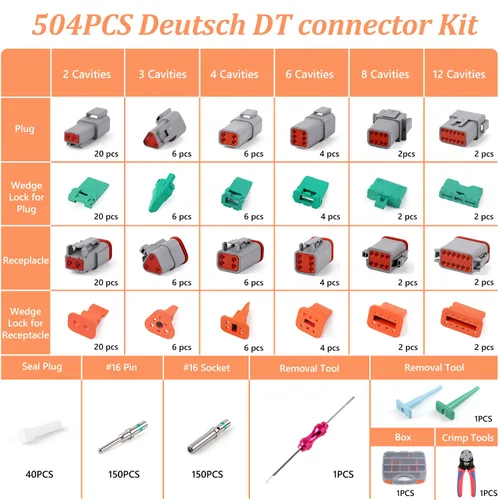 Vista 2 de Kit de 504 piezas de conectores Deutsch con herramienta de engarce, conectores DT de 2/3/4/6/8/12 pines con herramienta de extracción, contactos