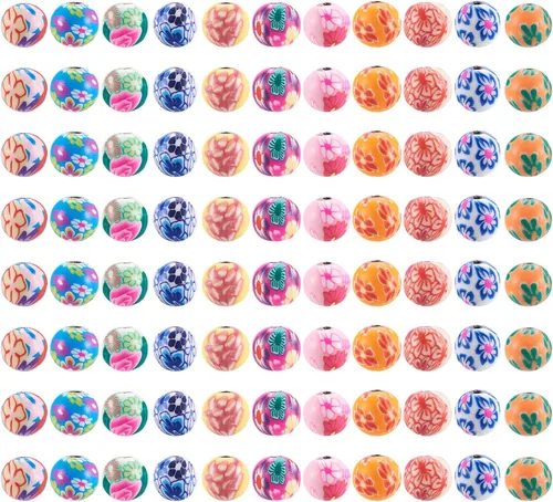 Vista 9 de Pandahall - 200 cuentas redondas de arcilla polimérica colorida de 0.3 pulgadas, cuentas de bolas de chicle, abalorios de flores impresas