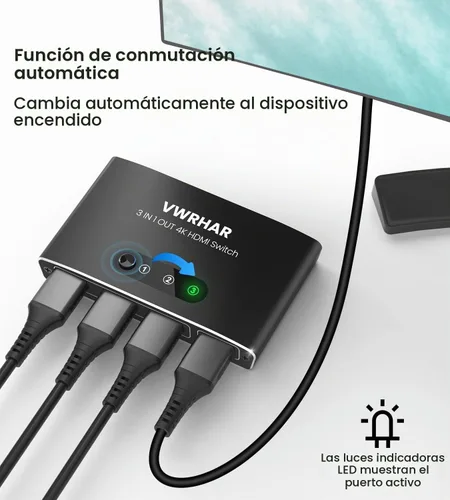 Vista 4 de Interruptor HDMI 3 en 1 Salida 4K UHD HDMI Switcher Splitter, interruptor automático con control remoto de metal HDMI Switch Box Hub Soporte 4K 3D