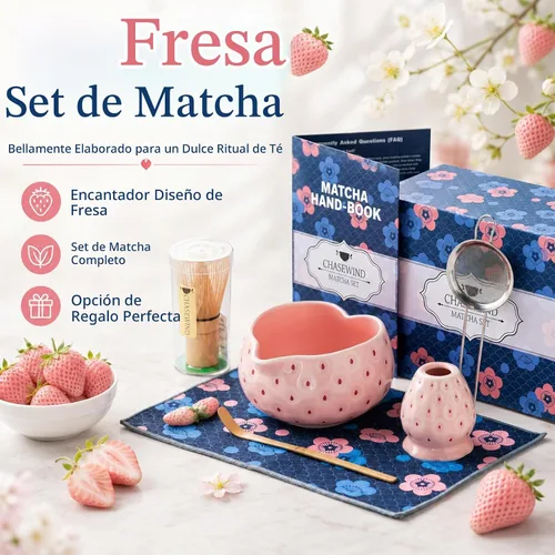 Vista 2 de Juego de batidor de matcha, juego de 7 piezas de matcha de fresa con Pajita rosa