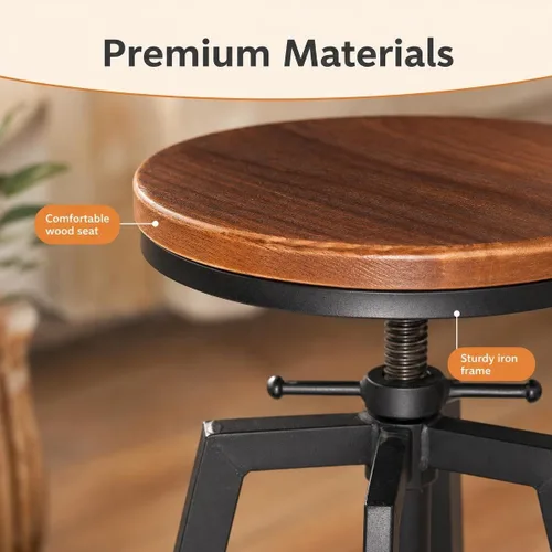 Vista 4 de Taburetes de bar industriales con respaldo de madera de 25 a 32 pulgadas de altura ajustable para isla de cocina, silla de comedor, taburete extra