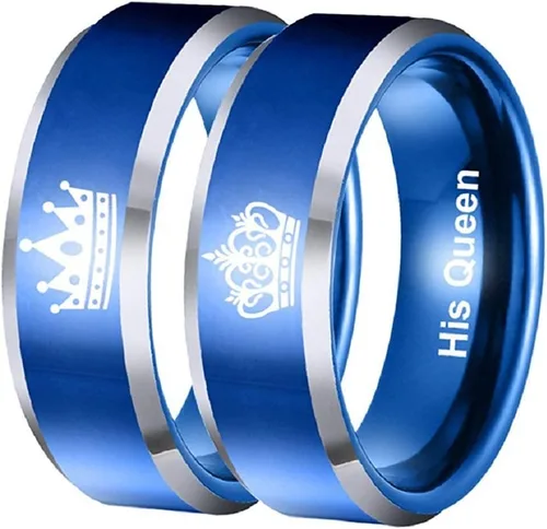 Vista 3 de Anillo de acero inoxidable para parejas, diseño de corona con texto en inglés Her King His Queen