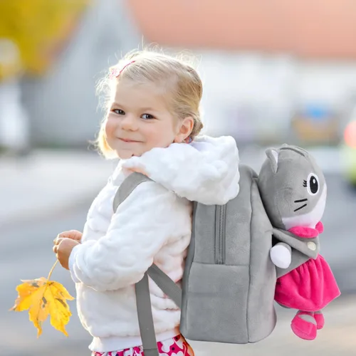 Vista 4 de HONGTEYA Mochila de felpa suave para niños pequeños, Gris, Muñeca de gato